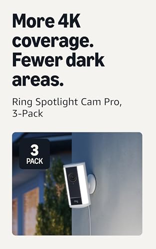 Image of Ring Spotlight Cam Pro, Plug-in (newest model), Home or business security, Retinal 4K with wide-angle video, 10x Enhanced Zoom, and 600 Lumen Spotlights, 3-pack, White