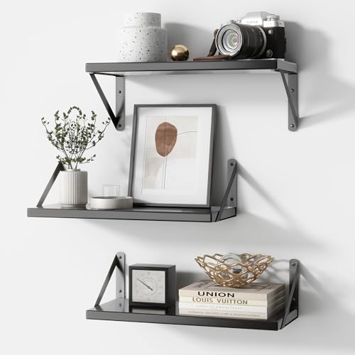 Fun Memories Estantes flotantes negros – Estantes de madera para libros – Estantes flotantes montados en la pared de 16.5 pulgadas – Moderno estante de almacenamiento – Organizador montado en la pared