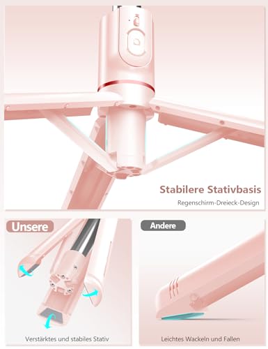 Selfie Stick mit Fülllicht, 114 cm Smartphone Stativ mit Fernauslöser Kompatibel mit iPhone 15/14/13/12/11 Pro/Max/Plus, Huawei, Xiaomi(Rosa) 5