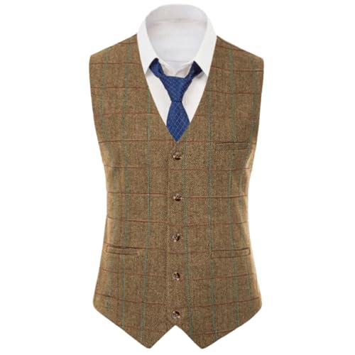 Men Brown Checkered Vintage Slim Single Breasted Fit Banquet Business Temperament Suit Vest