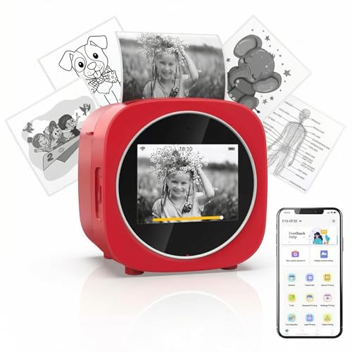 PURZOT Smart AI Voice Sticker Printer Box with APP & WiFi Portable Sticker Maker Printer Box for Home Office Study & DIY Projects 4 Pattern Modes 4 Rolls Paper red