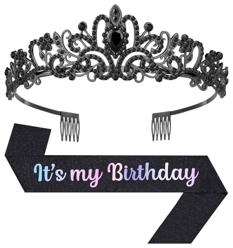 Birthday Tiara and Crown with Sash, Birthday Tiara for Women Birthday Party (Black)