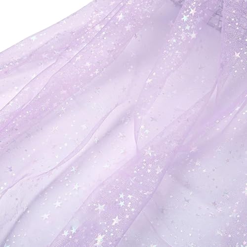 Tissu en tulle brillant de 160 cm de large avec motif étoiles, idéal pour la confection de robes de princesse, robes et nœuds (violet clair)