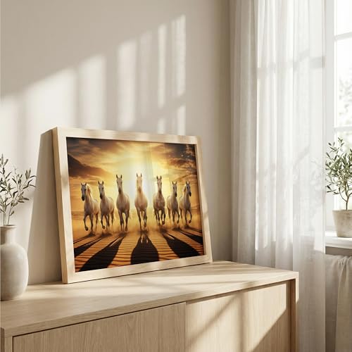 Image of 7 White Horse Vastu Wall Painting - Running Horses Golden Sunrise Desert Framed Wall Art for Living Room & Office Decor (Natural, Design 09, 13x19 Inch)