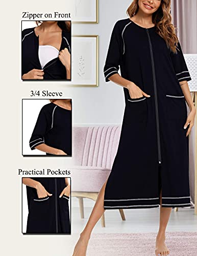 Image of Veseacky Women Robe Zipper Front House Coat 3 /4 Sleeve Nightgown Full Length Ladies Lounge Dress with Pockets S-XXL