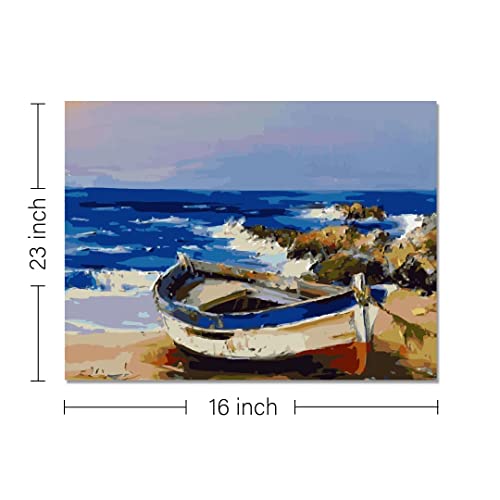 Image of RANGOLI 100% Cotton Stretched Canvas Painting 400 GSM, Framed Boat at the Beach Canvas Abstract Wall Art for Living Room, 3D Paintings for Wall Decor (16 x 23 Inch With Frame)
