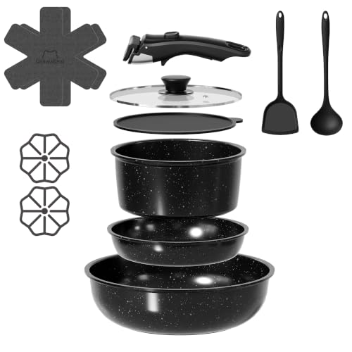 Image of 12 Pcs Pots and Pans Set Non Stick, Ceramic Cookware Set Non Toxic with Detachable Handles, Healthy Induction Cookware Oven Safe RV Kitchen Set, PFAS PFOA & PTFE Free, Black