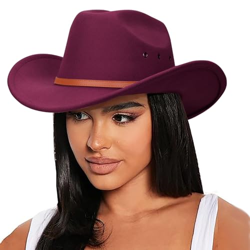 Image of DRESHOW Cowboy Hat for Women and Men Western Felt Cowboy Cowgirl Hat Wide Brim Belt Buckle Retro Fedora Hats Unisex Caps