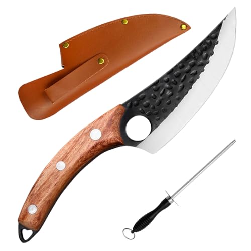 2pcs Kitchen Knife Set with Sheath Chef Knife Hand Forged Boning Knife Japanese Style Full Tang Butcher Meat Viking Knives for Home, Outdoor, Camping