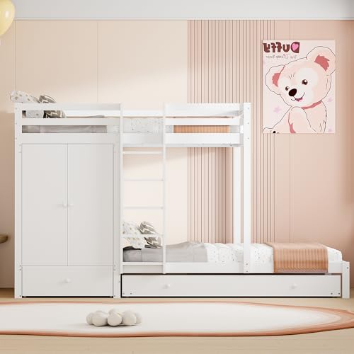 VIVCA Litera blanca de madera maciza, 90 x 200 cm, con cama nido, cuna multifuncional con armario, cajones y compartimento de almacenamiento