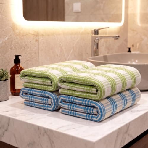 Image of Athom Living Premium Hand Towels- Cotton, 400 GSM, Ultra Soft, Quick Dry, Highly Absorbent | for Hand, Kitchen and Gym | 60 * 40 cm, Pack of 4 (Green & Blue Strips)