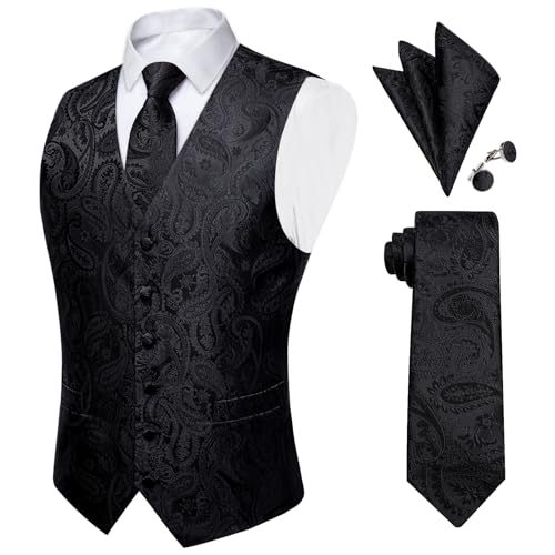 Image of DiBanGu Mens Paisley Vest Silk Sleeveless Suit Vest and Neck Tie Pocket Square Cufflinks Set for Wedding Formal