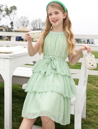 Move Dance Girls Summer Dress Tween Halter Neck Green Flared Midi A-Line Sundress Swiss Dot Sleeveless Casual Layered Chiffon Dresses with Belt 12-13 Years Old - image 4