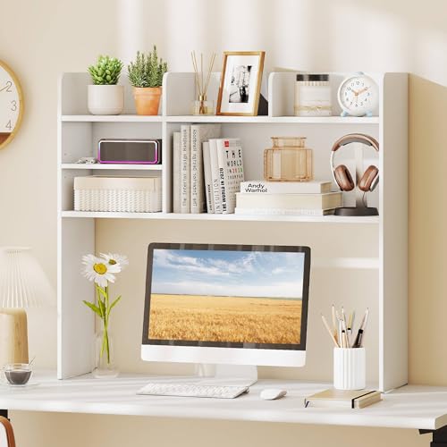 Image of Tangkula Desktop Bookshelf for Computer Up to 32 inch, 37 inch Countertop Storage Hutch with 6 Storage Shelves, 3-Tier Desktop Organizer Display Rack, Wooden Desk Hutch for Dorm Home Office (White)