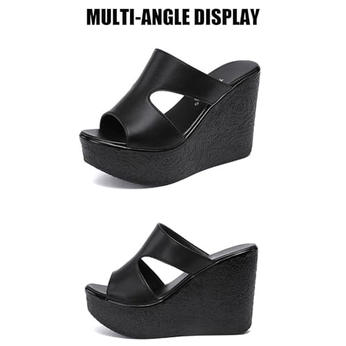 Women'S Leather Cutout Platform Wedge Sandals Fashion Round Open Toe Slip On Wedge Slides Sandals Summer Leisure Beach Vacation Slides3