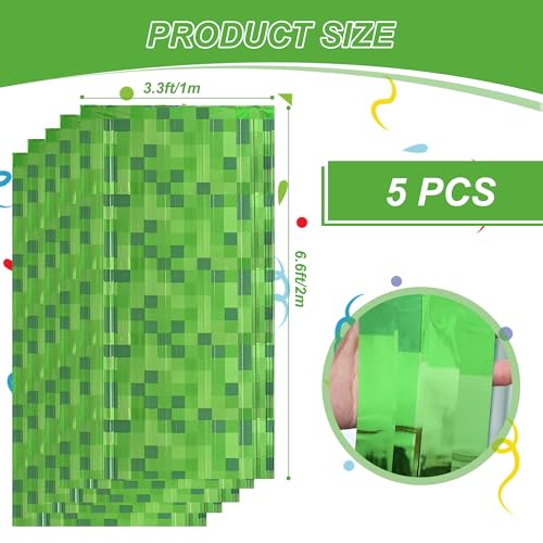 Image of Calmi 5 Pack Green Foil Fringe Curtains Pixel Birthday Backdrop, 3.3x6.6ft Video Game Door Streamers for Boys Gaming Birthday Party Decorations Supplies Favors