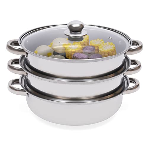 3-Tier Stainless Steamer Pot Cookware with Handle - Food Steamer for Cooking Gravies, Pasta, Vegetables and More