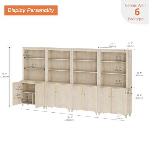 Image of WAMPAT 71 inch Tall Bookcase with Doors & Storage Cabinet, 4 Column Modern 5-Tier Bookshelf with Adjustable Shelf, 142 inch Wide Wooden Display Book Shelf for Home Office, Living Room, Bedroom, Light Oak