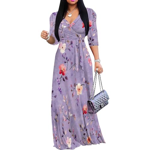 Image of Womens Floral Maxi Dress with Sleeves Elegant Evening Wear 3 /4 Sleeve Long Sundress with Belt