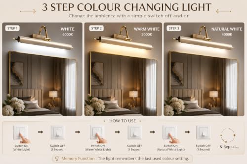 Image of FILLISKA Modern LED Picture /Dressing /Vanity /Bathroom /Mirror Light with 3 Step Light Mode & Adjustable Head (White,Warm White and Neutral White) (Champagne Gold 20Watt-9656)