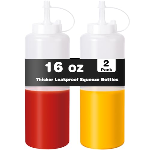 Rainspire 2-Pack 16oz Upgraded Thickened Durable Leak-Proof Condiment Squeeze Bottles for Sauces/Oil/Arts and Crafts Dishwasher Safe White