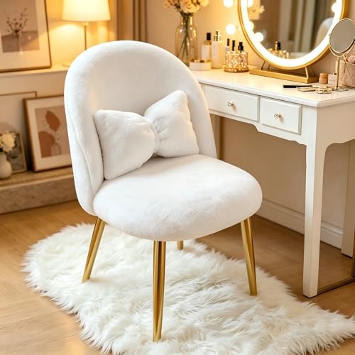 Bonnlo Schminkstuhl Schminktisch Stuhl Polstersessel Kosmetikstuhl mit goldenen Metallbeinen & Schleifenkissen für Schlafzimmer Wohnzimmer & Homeoffice 48 x 55 x78 5 cm Kunstfell Weiß
