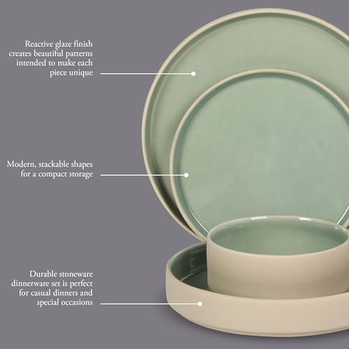 Image of Gibson Elite Liberty Bay 16-Piece Pottery Clay Stoneware Dinnerware Set - Mint Green Reactive Glaze, Stackable Plates and Bowls W /Pasta Bowl, Service for 4 - Microwave & Dishwasher Safe