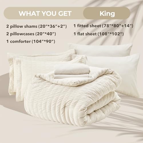 Image of HYMOKEGE Ivory King Size Comforter Set Seersucker 7 Pieces, All Season Luxury Bed in a Bag for Bedroom, Bedding Set with Comforters, Sheets, Pillowcases & Shams