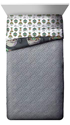 Image of Star Wars Mandalorian Full Size Comforter Set 5 Piece Kids Bedding, Gray | Grogu Baby Yoda, Comforter Sheets Pillowcases, Official Product, Soft Microfiber, Machine Washable, Easy Care, Kids Gift