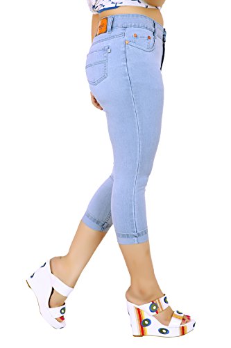 Image of FCK-3 Stretchable Denim Solid Mid Waist Knee Length Button Closure 5 Pocket Capree for Women