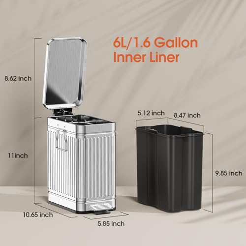 Image of Small Bathroom Trash Can with Lid Soft Close, 6L / 1.6 Gallon Stainless Steel Garbage Can with Step Pedal & Odor Control, Slim Trash Bin for Toilet, Office, Bedroom - Sliver