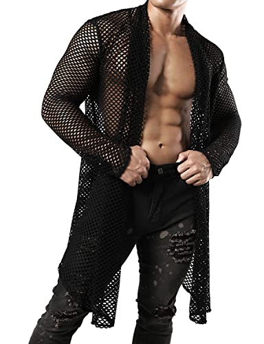 JOGAL Men's Mesh Fishnet Cardigan Fitted Muscle Top3