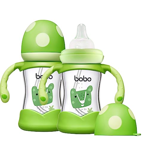 Image of YOHKOH Natural Glass Baby Bottle with Natural Response Nipple, Wide Neck Baby Bottles with Handle, Newborn Anti-Colic Baby Bottles Gift Set, Clear (5.4oz (Pack of 2), Green)