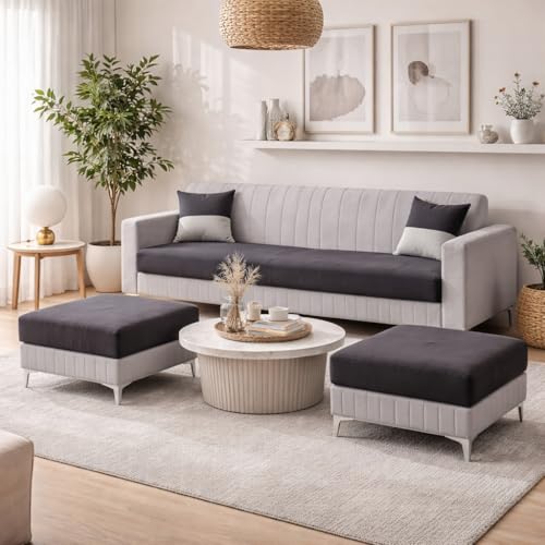Image of Amelia 5 Seater L Shape Sofa Set with 2 Movable Ottomans | Flexible Layout | Rich Velvet Suede Fabric | Silver Legs | Spacious Seating | Modern Sofa for Living Room (Dark Grey-Light Grey)