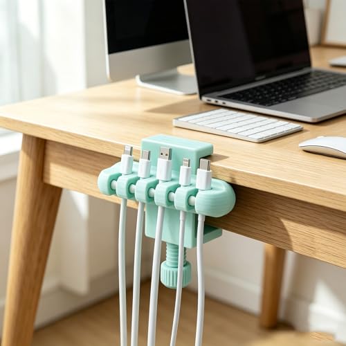 3D Printed Cable Clips for Desk, Cord Organizer, Desk Accessories, Cable Management Holder for Office Desk Organizer Home (Spiral Clamp Mint Blue)