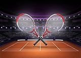 CORFOTO 2.1x1.5m Tennisplatz-Arena-Hintergrundstoff mit gekreuzten Schlägern, Sandplatzmuster, Sportmotiv, Hintergrunddekoration für Tennisspiele, Event-Fotobox-Requisite