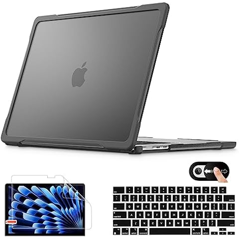 Mektron 2024/2023 Heavy Duty Case for MacBook Air 15 inch with M3/M2 Chip Model A2941/A3114,15.3” Shockproof Protective Hard Shell Cover with Fold Kickstand with Keyboard Skin, A-Black-Throught Cover