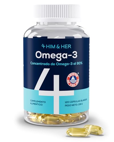4 HIM & HER Omega-3 Perlas de Aceite de Pescado – 80% Concentración Omega-3 EPA y DHA & DPA – 668mg EPA, 500mg DHA + 83,4mg DPA por dosis – 120 perlas – Suministro para 2 meses