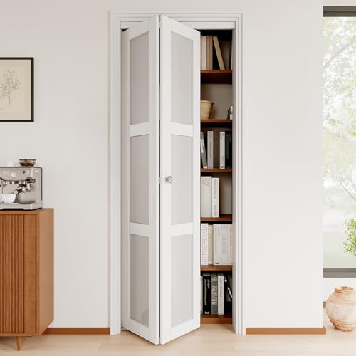 JuJuBon Bifold Doors, 30'x 80' 3-Lite Tempered Frosted Glass Closet Door with Sliding Hardware Kit, Interior Bi Fold Doors for Pantry, Solid Build Quality & Easy Install, White