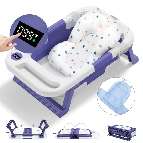 Image of Tiwguu Baby Bathtub for Infants to Toddler, Collapsible Baby Bath Tub, with Thermometer & Soft Floating Cushion & Bath Net, No-Slip Hanging Portable Bathtub, Blue