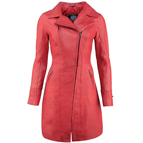 URBAN 5884 JANICE Ladies | Chaqueta de Cuero Mujer |Elegante Chaqueta de Piel de Cordero Suave para Mujeres | Modelo largo | Rojo | 2XL