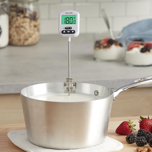 Image of Taylor Programmable Digital Candy and Deep Fry Thermometer with Green Light Alert Display, Long Stem, and Adjustable Pan Clip, White