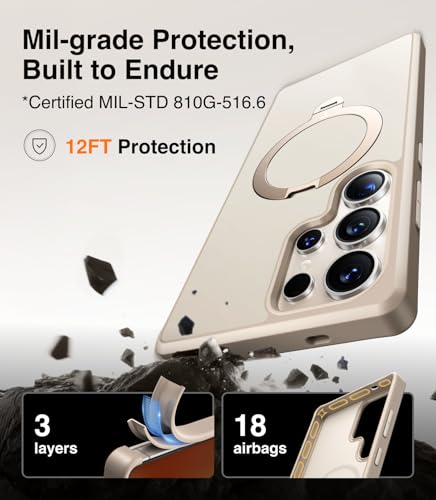 Image of TORRAS 360 Spin Magnetic Stand for Samsung Galaxy S25 Ultra Case Beige Gold, Fit for Magsafe, Military Grade Slim Protective S25 Ultra Case with Kickstand Rotatable, Ostand Spin, Aesthetic Dune