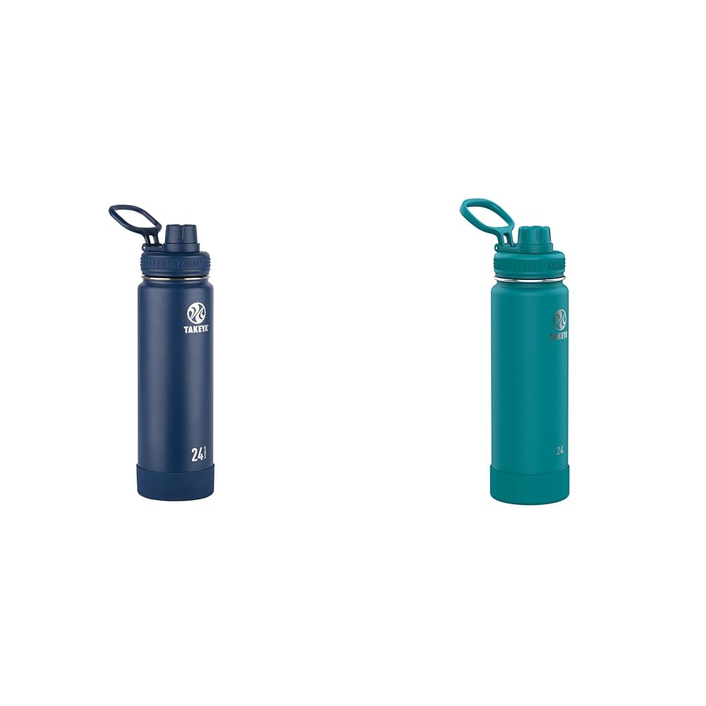 Takeya Actives 24oz Vacuum Insulated Stainless Steel Water Bottles with Spout Lid, Midnight & Mystic Blue