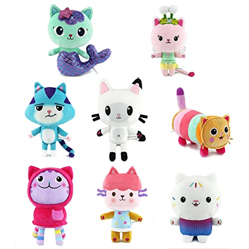 Gabbys Doll House Toys,Gabbys Doll House Figures Plush Toy for Girls, Mercat , Pandy Paw, Pillow Cat, Caky, Kitty, DJ,Baby Box, Catrat Figure Set (Eight Pack All)
