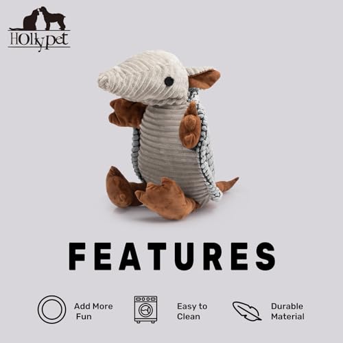 Image of Hollypet Plush Dog Squeaky Toy Stuffed Armadillo Animal Pet Puppy Chew Toys with Clean Teeth for Small Medium Large All Breed Sizes Dogs, Dark Gray, 10 in