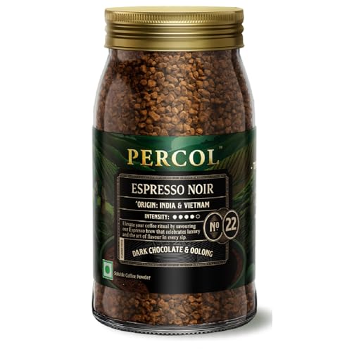 Image of PERCOL Premium Instant Coffee | Espresso Noir Blend 22 | Crafted with Premium Imported Beans | Freeze Dried | Designed in UK | 100g Jar | 100% Pure Coffee | Flavorful & Aromatic