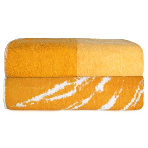 SweetNeedle Topical Palm Beach Towels for Adults Pack of 2 - Yellow Golden Glow - 100% Cotton Terry Ringspun Hotel Pool Bath Towel, Quick Dry, Low Lint, Super Absorbent Swim large towel, 76 x 152 cm
