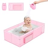 Baby Bathtub, Portable Bathtub with Cat-Patterned Bath Rinse Cup,Foldable Bath Tub for Small Bathroom,Toddler Tub for 6M-5Y,Baby Travel Essentials for Hotel,Camping & Beach