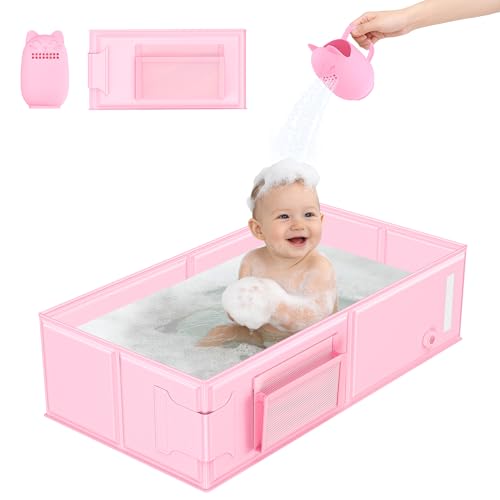 Image of Baby Bathtub, Portable Bathtub with Cat-Patterned Bath Rinse Cup,Foldable Bath Tub for Small Bathroom,Toddler Tub for 6M-5Y,Baby Travel Essentials for Hotel,Camping & Beach